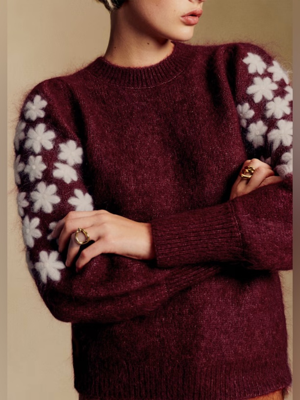 Sezane Luke floral sleeve sweater in burgundy/ecru